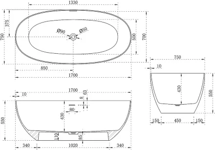 Ванна из искусственного камня Vincea 170x75 VBT-6S01MW белая, матовая, овальная, отдельностоящая
